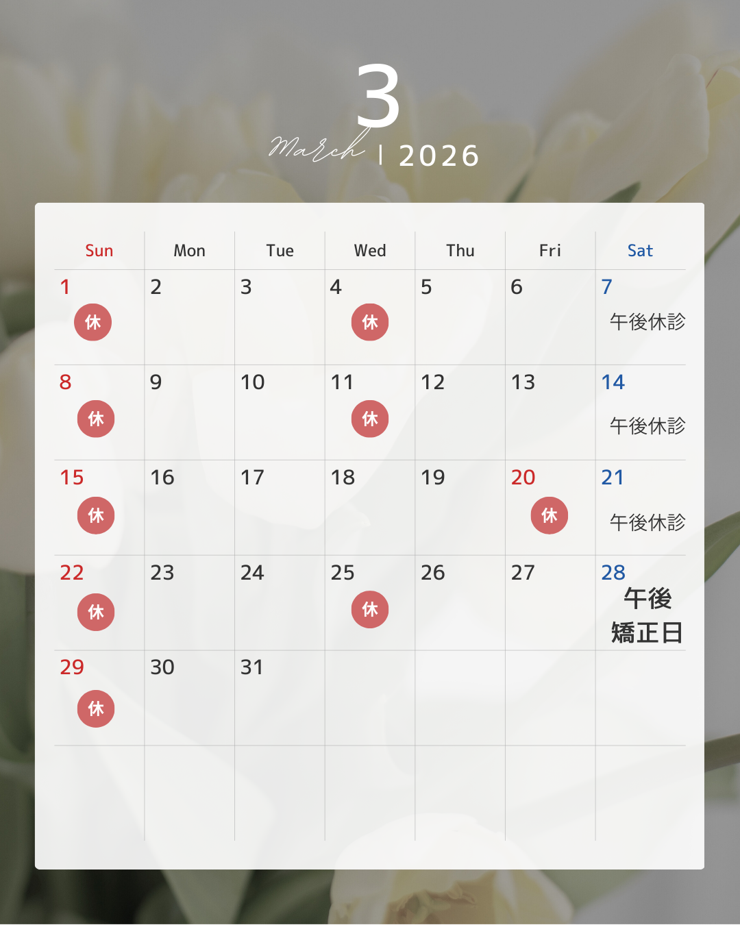 🦷３月診療日のご案内🦷